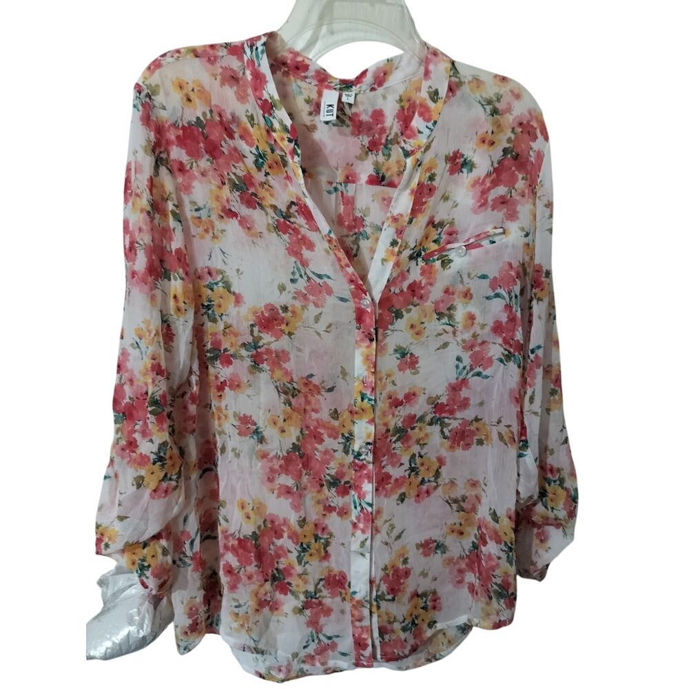 3460) Kut From The Kloth Jasmine Chiffon Semi Sheer Floral Pink Tunic Blouse L